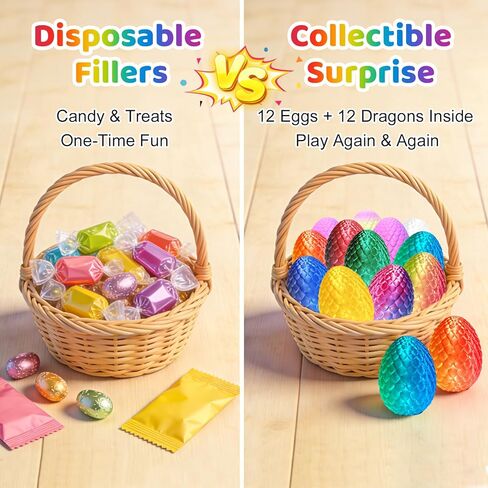 FUN LITTLE TOYS 12 Pack 3D Printed Dragon Eggs with Articulated Dragons, 12 No-Duplicate Colors, Non-Candy Easter Egg Hunt Fillers, Basket Stuffers, Party Favors & Classroom Prizes for Kids in Saudi Arabia