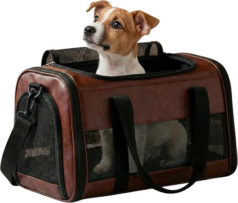Luxury Airline Approved Pet Carrier Bag – Vegan Leather Cat & Dog Travel Tote, TSA-Approved with Breathable Mesh, Shoulder Strap, Luggage Sleeve – Includes Leather Cream & 2-Year Warranty in Saudi Arabia
