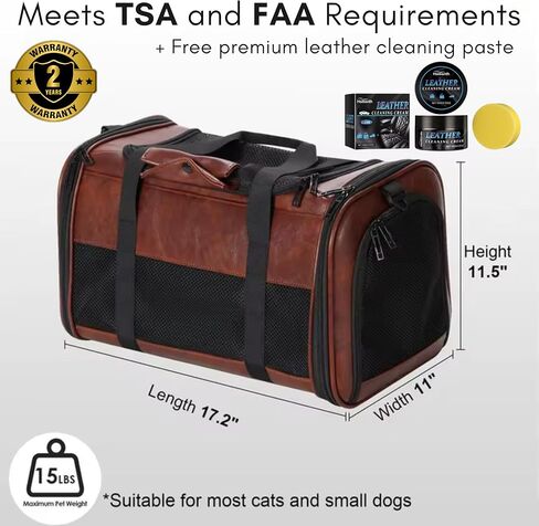 Luxury Airline Approved Pet Carrier Bag – Vegan Leather Cat & Dog Travel Tote, TSA-Approved with Breathable Mesh, Shoulder Strap, Luggage Sleeve – Includes Leather Cream & 2-Year Warranty in Saudi Arabia