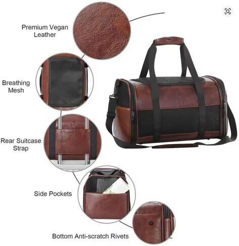 Luxury Airline Approved Pet Carrier Bag – Vegan Leather Cat & Dog Travel Tote, TSA-Approved with Breathable Mesh, Shoulder Strap, Luggage Sleeve – Includes Leather Cream & 2-Year Warranty in Saudi Arabia