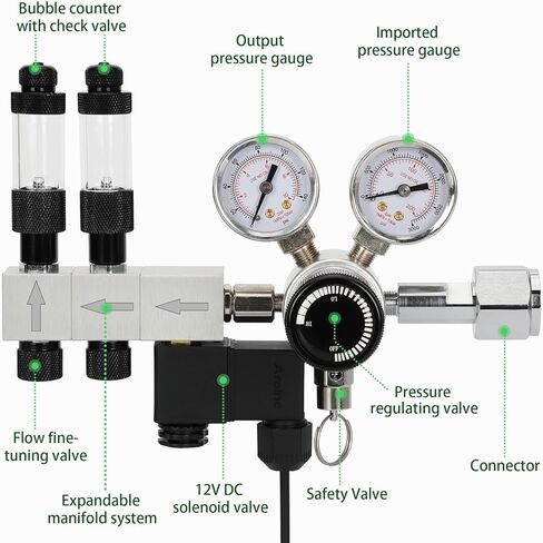 CO2 Regulator Aquarium, Dual Stage Aquarium CO2 Regulator, Adjustable Pressure & Flow, with Expandable Manifold, High-Precision Needle Valve, DC Solenoid Valve, for CO2 System for Aquarium in Saudi Arabia