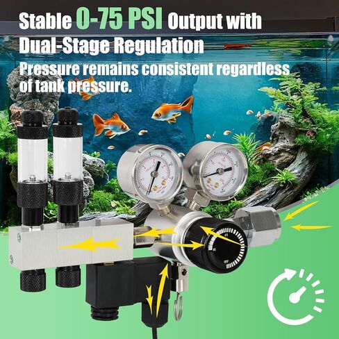 CO2 Regulator Aquarium, Dual Stage Aquarium CO2 Regulator, Adjustable Pressure & Flow, with Expandable Manifold, High-Precision Needle Valve, DC Solenoid Valve, for CO2 System for Aquarium in Saudi Arabia