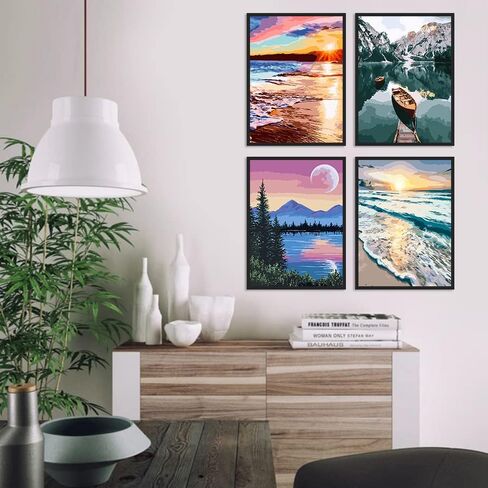 Paint By Numbers for Adults - DIY Adult Paint by Number Kits Pack On Canvas Sunset Beach Painting by Numbers for Beginners,Acrylic Paint Boat On Mountains Lake Crafts for Home Decor (11.8x15.8inch) in Kuwait