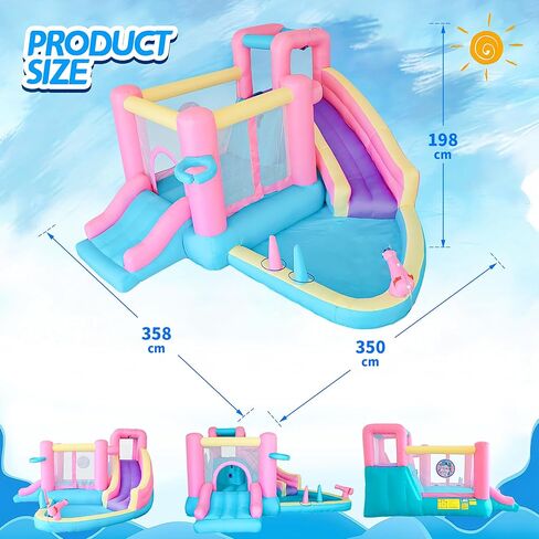 Bestsun منزلق مائي قابل للنفخ للأطفال، منزل ترتد مع منزلق، حمام سباحة، مدفع مياه، جدار تسلق، منفاخ متضمن، متعة الصيف في الهواء الطلق للأطفال، 141 × 138 × 78 بوصة، وردي in Kuwait