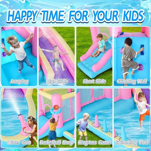 Bestsun منزلق مائي قابل للنفخ للأطفال، منزل ترتد مع منزلق، حمام سباحة، مدفع مياه، جدار تسلق، منفاخ متضمن، متعة الصيف في الهواء الطلق للأطفال، 141 × 138 × 78 بوصة، وردي in Kuwait