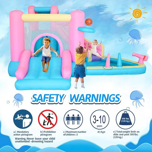 Bestsun منزلق مائي قابل للنفخ للأطفال، منزل ترتد مع منزلق، حمام سباحة، مدفع مياه، جدار تسلق، منفاخ متضمن، متعة الصيف في الهواء الطلق للأطفال، 141 × 138 × 78 بوصة، وردي in Kuwait