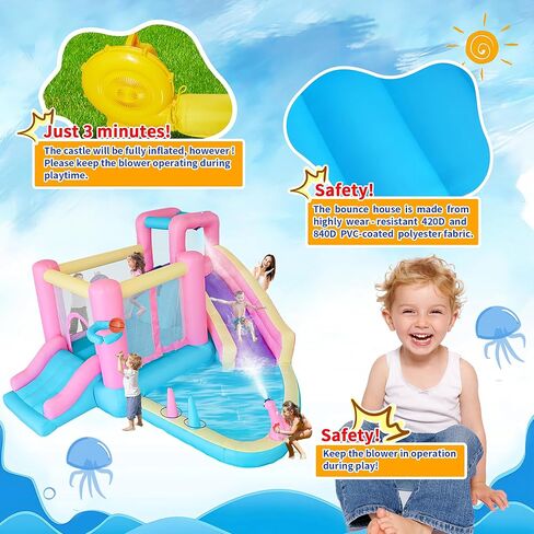 Bestsun منزلق مائي قابل للنفخ للأطفال، منزل ترتد مع منزلق، حمام سباحة، مدفع مياه، جدار تسلق، منفاخ متضمن، متعة الصيف في الهواء الطلق للأطفال، 141 × 138 × 78 بوصة، وردي in Kuwait