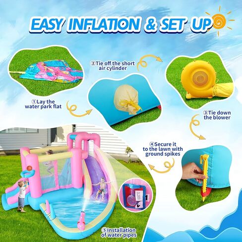 Bestsun منزلق مائي قابل للنفخ للأطفال، منزل ترتد مع منزلق، حمام سباحة، مدفع مياه، جدار تسلق، منفاخ متضمن، متعة الصيف في الهواء الطلق للأطفال، 141 × 138 × 78 بوصة، وردي in Kuwait