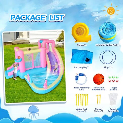 Bestsun منزلق مائي قابل للنفخ للأطفال، منزل ترتد مع منزلق، حمام سباحة، مدفع مياه، جدار تسلق، منفاخ متضمن، متعة الصيف في الهواء الطلق للأطفال، 141 × 138 × 78 بوصة، وردي in Kuwait