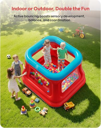 QPAU 3-in-1 Inflatable Bounce House for Kids 3–6, Ball Pit, Trampoline & Bounce Castle, Safety Net & Open-Entry, Outdoor Indoor Bouncy House with Electric Air Pump, Toddler Outdoor Toys for Backyard in Saudi Arabia