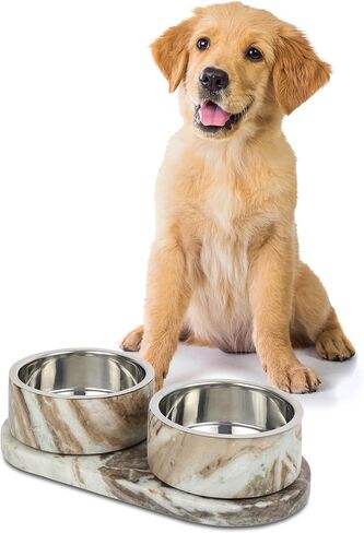 DBL1000C Marbre Small/Medium Modern Weighted Double Marble and Stainless Steel Bowl 12oz (1.5 Cups) Feeder with Non-Slip Marble Tray Set, Beige/Gray in Saudi Arabia