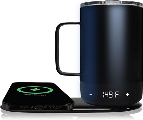 Brookstone Travel Mug Warmer & Wireless Phone Charging Station, 11 oz Double-Wall Stainless Steel, Digital Temp Display, Built-in Battery for Continuous Warmth, Up to 6 Hours Heat, Black in Saudi Arabia