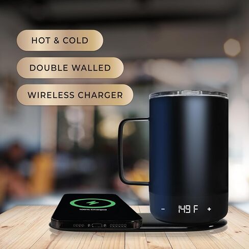 Brookstone Travel Mug Warmer & Wireless Phone Charging Station, 11 oz Double-Wall Stainless Steel, Digital Temp Display, Built-in Battery for Continuous Warmth, Up to 6 Hours Heat, Black in Saudi Arabia