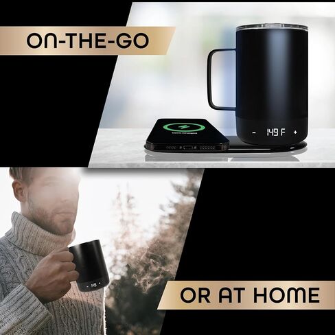 Brookstone Travel Mug Warmer & Wireless Phone Charging Station, 11 oz Double-Wall Stainless Steel, Digital Temp Display, Built-in Battery for Continuous Warmth, Up to 6 Hours Heat, Black in Saudi Arabia