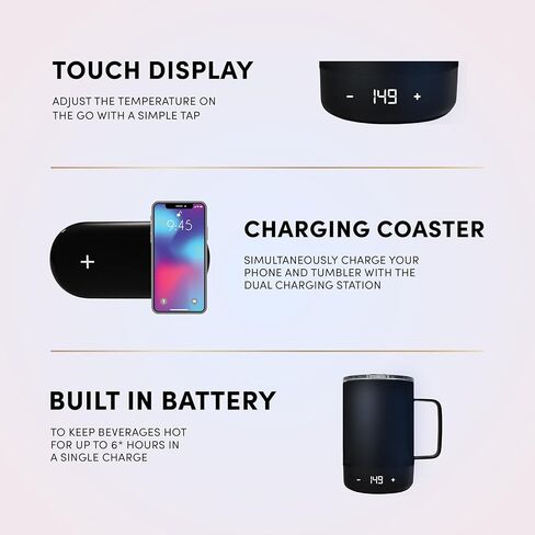Brookstone Travel Mug Warmer & Wireless Phone Charging Station, 11 oz Double-Wall Stainless Steel, Digital Temp Display, Built-in Battery for Continuous Warmth, Up to 6 Hours Heat, Black in Saudi Arabia