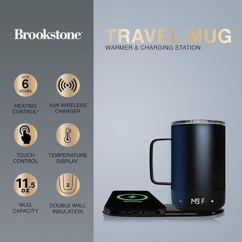 Brookstone Travel Mug Warmer & Wireless Phone Charging Station, 11 oz Double-Wall Stainless Steel, Digital Temp Display, Built-in Battery for Continuous Warmth, Up to 6 Hours Heat, Black in Saudi Arabia