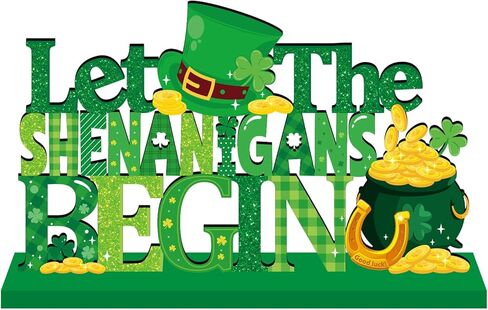 ديكورات يوم القديس باتريك للطاولة قطعة مركزية خشبية 11.8 × 7.1 بوصة دع الشينانيجان يبدأون ديكورات طاولة يوم القديس باتريك الأيرلندية شامروك منضدية ديكور صينية متدرجة لديكور رف المنزل in Kuwait