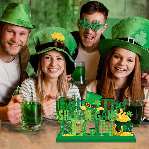 ديكورات يوم القديس باتريك للطاولة قطعة مركزية خشبية 11.8 × 7.1 بوصة دع الشينانيجان يبدأون ديكورات طاولة يوم القديس باتريك الأيرلندية شامروك منضدية ديكور صينية متدرجة لديكور رف المنزل in Kuwait