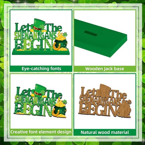 ديكورات يوم القديس باتريك للطاولة قطعة مركزية خشبية 11.8 × 7.1 بوصة دع الشينانيجان يبدأون ديكورات طاولة يوم القديس باتريك الأيرلندية شامروك منضدية ديكور صينية متدرجة لديكور رف المنزل in Kuwait