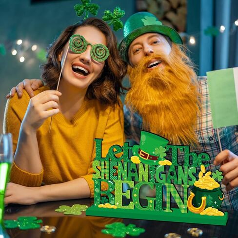 ديكورات يوم القديس باتريك للطاولة قطعة مركزية خشبية 11.8 × 7.1 بوصة دع الشينانيجان يبدأون ديكورات طاولة يوم القديس باتريك الأيرلندية شامروك منضدية ديكور صينية متدرجة لديكور رف المنزل in Kuwait