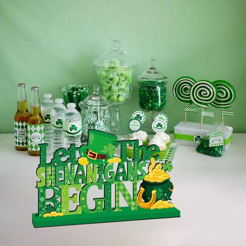 ديكورات يوم القديس باتريك للطاولة قطعة مركزية خشبية 11.8 × 7.1 بوصة دع الشينانيجان يبدأون ديكورات طاولة يوم القديس باتريك الأيرلندية شامروك منضدية ديكور صينية متدرجة لديكور رف المنزل in Kuwait