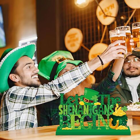 ديكورات يوم القديس باتريك للطاولة قطعة مركزية خشبية 11.8 × 7.1 بوصة دع الشينانيجان يبدأون ديكورات طاولة يوم القديس باتريك الأيرلندية شامروك منضدية ديكور صينية متدرجة لديكور رف المنزل in Kuwait