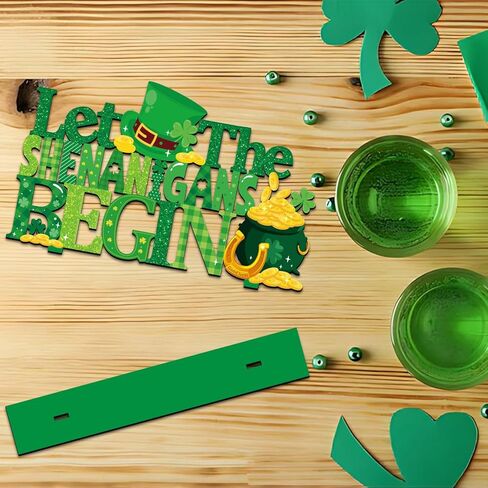 ديكورات يوم القديس باتريك للطاولة قطعة مركزية خشبية 11.8 × 7.1 بوصة دع الشينانيجان يبدأون ديكورات طاولة يوم القديس باتريك الأيرلندية شامروك منضدية ديكور صينية متدرجة لديكور رف المنزل in Kuwait