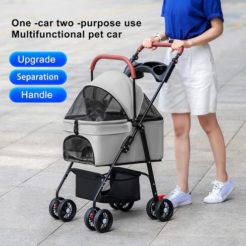 Dog Stroller 4 Wheels,Pet Stroller for Medium Small Dogs Cats,Folding Cat Stroller Adjustable Handle,180° Canopy,Sun Shades,Breathable,Puppy Stroller with Storage Basket and Cup Holder (Black-Grey) in Kuwait