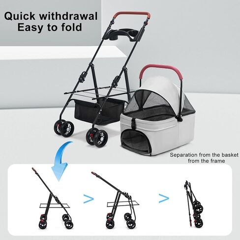 Dog Stroller 4 Wheels,Pet Stroller for Medium Small Dogs Cats,Folding Cat Stroller Adjustable Handle,180° Canopy,Sun Shades,Breathable,Puppy Stroller with Storage Basket and Cup Holder (Black-Grey) in Kuwait