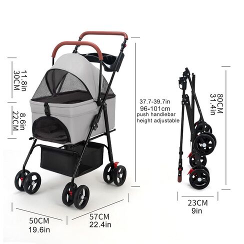 Dog Stroller 4 Wheels,Pet Stroller for Medium Small Dogs Cats,Folding Cat Stroller Adjustable Handle,180° Canopy,Sun Shades,Breathable,Puppy Stroller with Storage Basket and Cup Holder (Black-Grey) in Kuwait