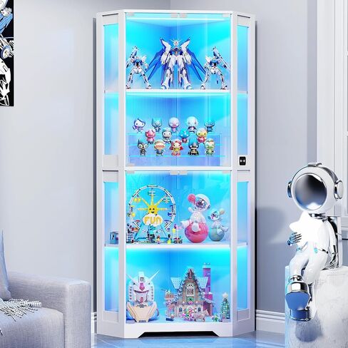 Corner Display Cabinet with Glass Doors, 65" Lighted Curio Cabinet with 3 Color LED Lights for Collectibles, 4-Tier Showcase Display Case with Human Body Sensor for Toys, Books, Black | 3 Color Lights, for Collectibles, 4-Tier, Display Case, Human Body Se in Kuwait