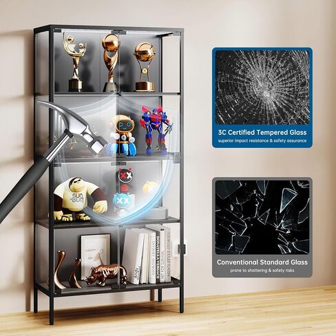 خزانة عرض زجاجية مقاس 65 بوصة مع إضاءة LED ثلاثية الألوان، وحقيبة عرض مع 4 أبواب وأرفف من الزجاج المقسى، وخزانة تخزين ذات إطار معدني للمقتنيات والأشكال والجوائز والكتب والألعاب (أسود) in Kuwait