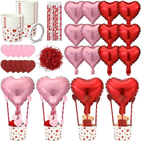 12 Set Valentine Centerpieces Hot Air Balloon Basket Table Decor Include Heart Shaped Balloon, Sticker, Pencil, and Ice Cream Bowl with Raffia & Tape for Party Return Gift DIY Craft Supplies in Saudi Arabia