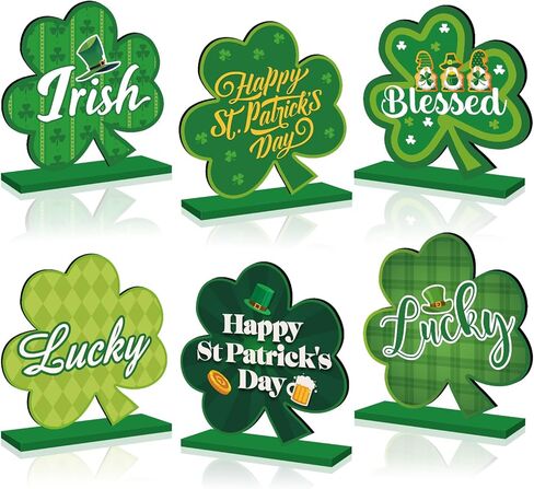 6 قطع ديكورات يوم القديس باتريك للطاولة قطعة مركزية خشبية لتزيين طاولة عيد القديس باتريك السعيد، زخارف شامروك خضراء أيرلندية لسطح الطاولة لحفلة القديس باتريك وديكور المكتب المنزلي in Kuwait