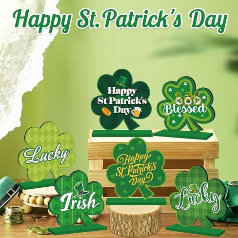 6 قطع ديكورات يوم القديس باتريك للطاولة قطعة مركزية خشبية لتزيين طاولة عيد القديس باتريك السعيد، زخارف شامروك خضراء أيرلندية لسطح الطاولة لحفلة القديس باتريك وديكور المكتب المنزلي in Kuwait