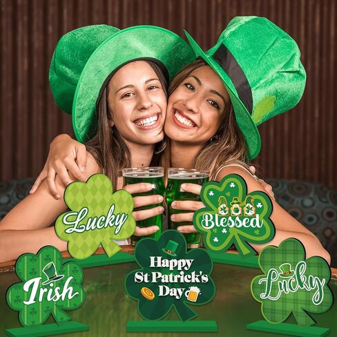 6 قطع ديكورات يوم القديس باتريك للطاولة قطعة مركزية خشبية لتزيين طاولة عيد القديس باتريك السعيد، زخارف شامروك خضراء أيرلندية لسطح الطاولة لحفلة القديس باتريك وديكور المكتب المنزلي in Kuwait