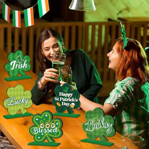 6 قطع ديكورات يوم القديس باتريك للطاولة قطعة مركزية خشبية لتزيين طاولة عيد القديس باتريك السعيد، زخارف شامروك خضراء أيرلندية لسطح الطاولة لحفلة القديس باتريك وديكور المكتب المنزلي in Kuwait