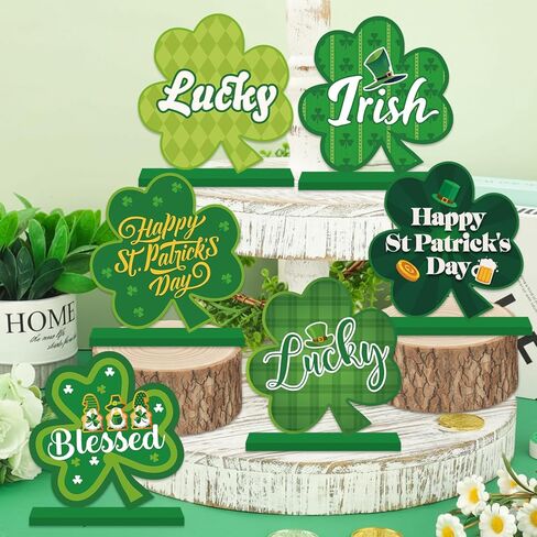 6 قطع ديكورات يوم القديس باتريك للطاولة قطعة مركزية خشبية لتزيين طاولة عيد القديس باتريك السعيد، زخارف شامروك خضراء أيرلندية لسطح الطاولة لحفلة القديس باتريك وديكور المكتب المنزلي in Kuwait