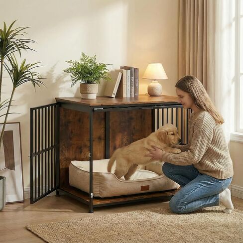 31.5" Dog Crate Furniture with Flip Door, Wooden Dog Kennel Indoor, Heavy Duty Pet Cage for Small Medium Dogs, Double Door Pet House End Table, Rustic Brown in Saudi Arabia