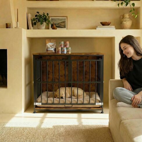31.5" Dog Crate Furniture with Flip Door, Wooden Dog Kennel Indoor, Heavy Duty Pet Cage for Small Medium Dogs, Double Door Pet House End Table, Rustic Brown in Saudi Arabia