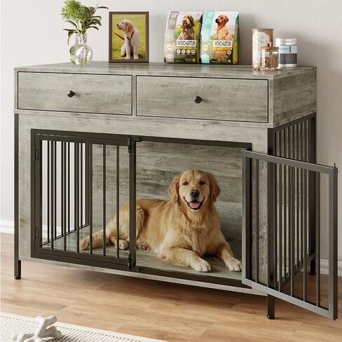 PUKAMI 44inch Large Dog Crate Furniture with Drawers, Wooden Dog Kennel Furniture for Indoor use, Grey End Table Dog House, for Small/Medium/Large Dog in Saudi Arabia