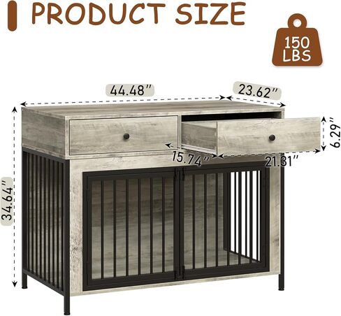 PUKAMI 44inch Large Dog Crate Furniture with Drawers, Wooden Dog Kennel Furniture for Indoor use, Grey End Table Dog House, for Small/Medium/Large Dog in Saudi Arabia