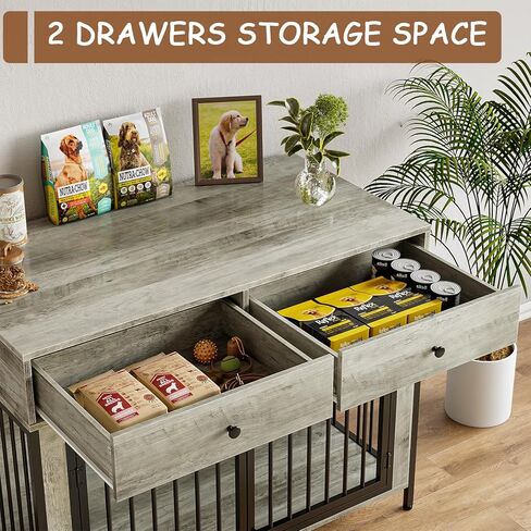 PUKAMI 44inch Large Dog Crate Furniture with Drawers, Wooden Dog Kennel Furniture for Indoor use, Grey End Table Dog House, for Small/Medium/Large Dog in Saudi Arabia