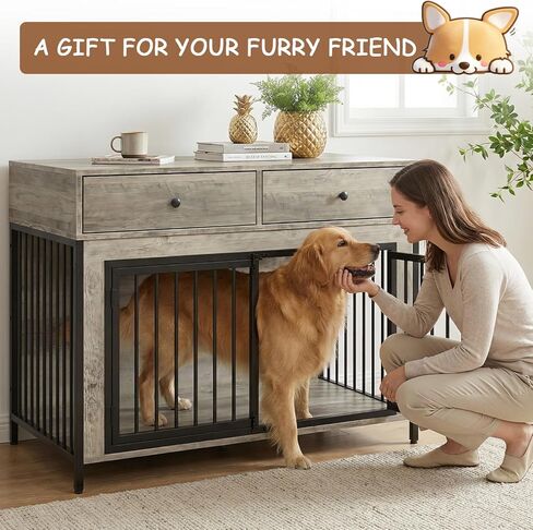 PUKAMI 44inch Large Dog Crate Furniture with Drawers, Wooden Dog Kennel Furniture for Indoor use, Grey End Table Dog House, for Small/Medium/Large Dog in Saudi Arabia