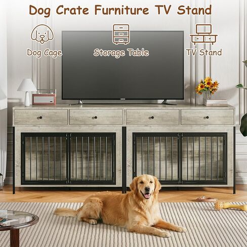 PUKAMI 44inch Large Dog Crate Furniture with Drawers, Wooden Dog Kennel Furniture for Indoor use, Grey End Table Dog House, for Small/Medium/Large Dog in Saudi Arabia