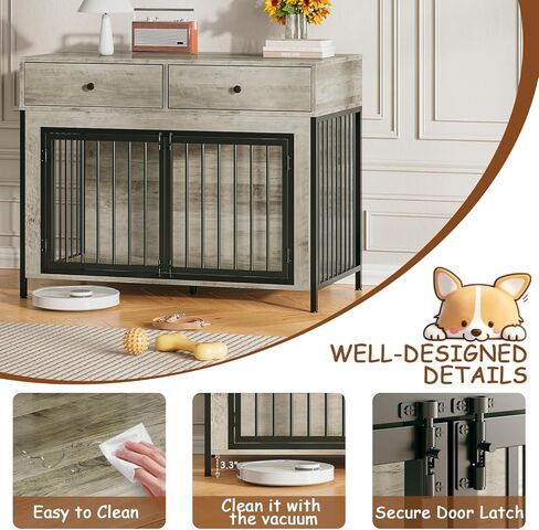 PUKAMI 44inch Large Dog Crate Furniture with Drawers, Wooden Dog Kennel Furniture for Indoor use, Grey End Table Dog House, for Small/Medium/Large Dog in Saudi Arabia
