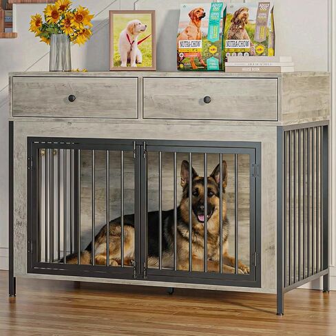 PUKAMI 44inch Large Dog Crate Furniture with Drawers, Wooden Dog Kennel Furniture for Indoor use, Grey End Table Dog House, for Small/Medium/Large Dog in Saudi Arabia