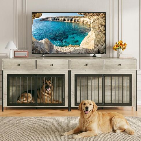 PUKAMI 44inch Large Dog Crate Furniture with Drawers, Wooden Dog Kennel Furniture for Indoor use, Grey End Table Dog House, for Small/Medium/Large Dog in Saudi Arabia