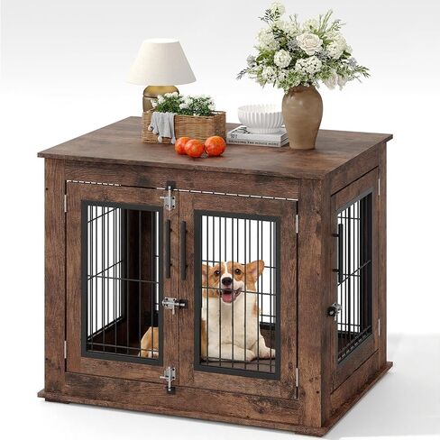 Farmhouse Dog Crate Furniture End Table - Heavy Duty Wooden Kennel Cabinet with Double Doors for Small/Medium Dogs, Rustic Brown Indoor Dog House Furniture Console for Living Room in Kuwait