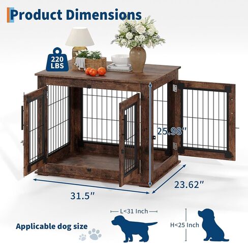Farmhouse Dog Crate Furniture End Table - Heavy Duty Wooden Kennel Cabinet with Double Doors for Small/Medium Dogs, Rustic Brown Indoor Dog House Furniture Console for Living Room in Kuwait